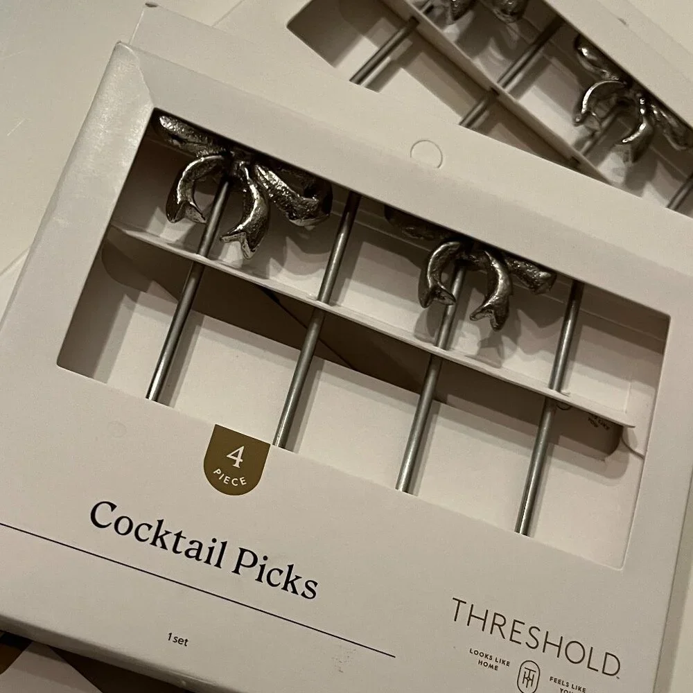 Cocktail Picks - Bow-Themed Picks - 3 boxes/4 per box) New - Silver Color